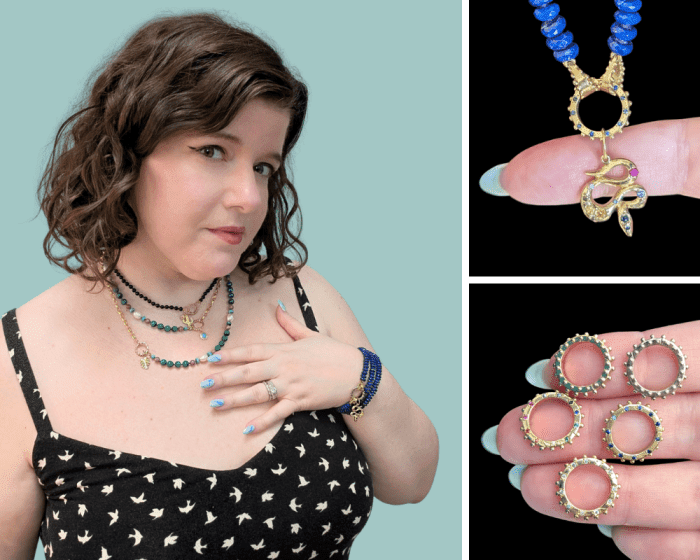 Delphine Leymarie beaded necklaces, connectors, charm holders, and charms from Beaumont Jewelry Collective