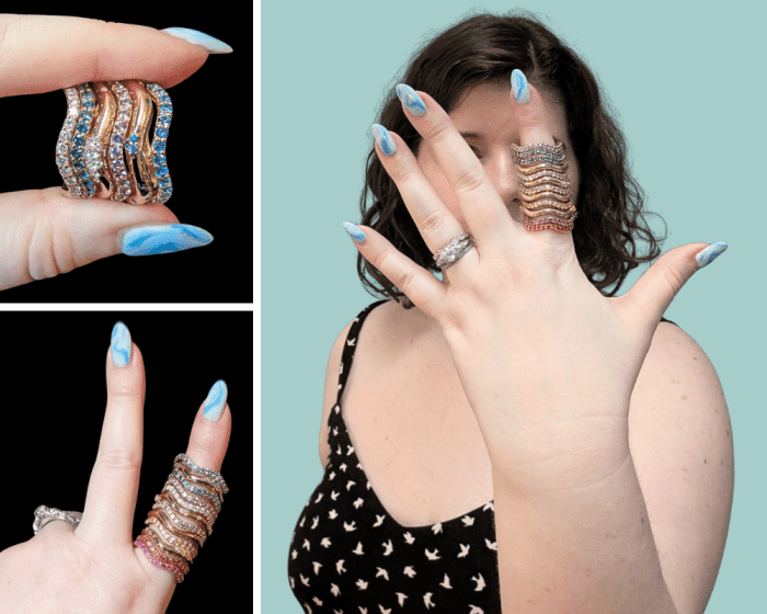 Dylann Wolfe Long Lull and Shimmering Tides colored gemstone rings in Fairmined gold from Beaumont Jewelry Collective