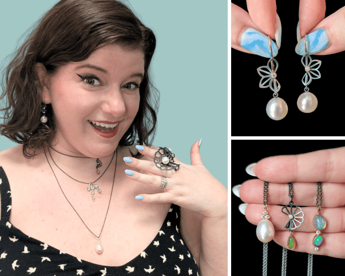 Karin Jacobson opal, pearl, and recycled diamond jewelry from Beaumont Jewelry Collective.