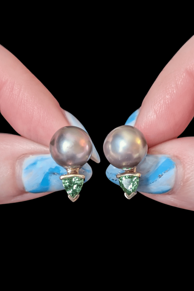 Cortez pearl and tourmaline stud earrings by Kathe Mai, from Beaumont Jewelry Collective.
