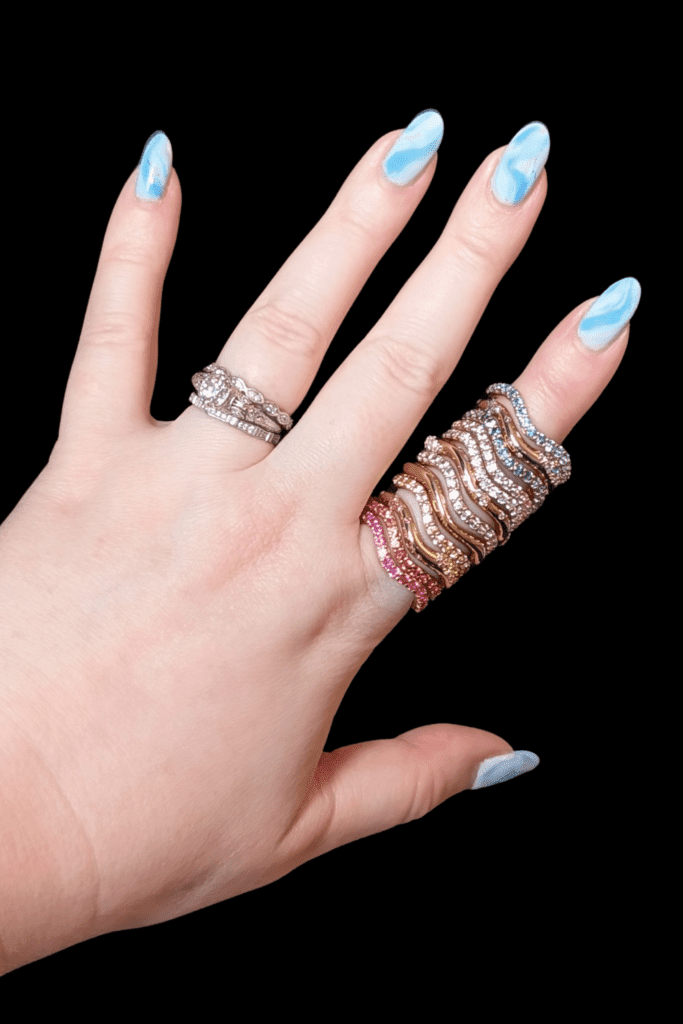 Dylann Wolfe Long Lull and Shimmering Tides colorful stacking rings in Fairmined gold from Beaumont Jewelry Collective.