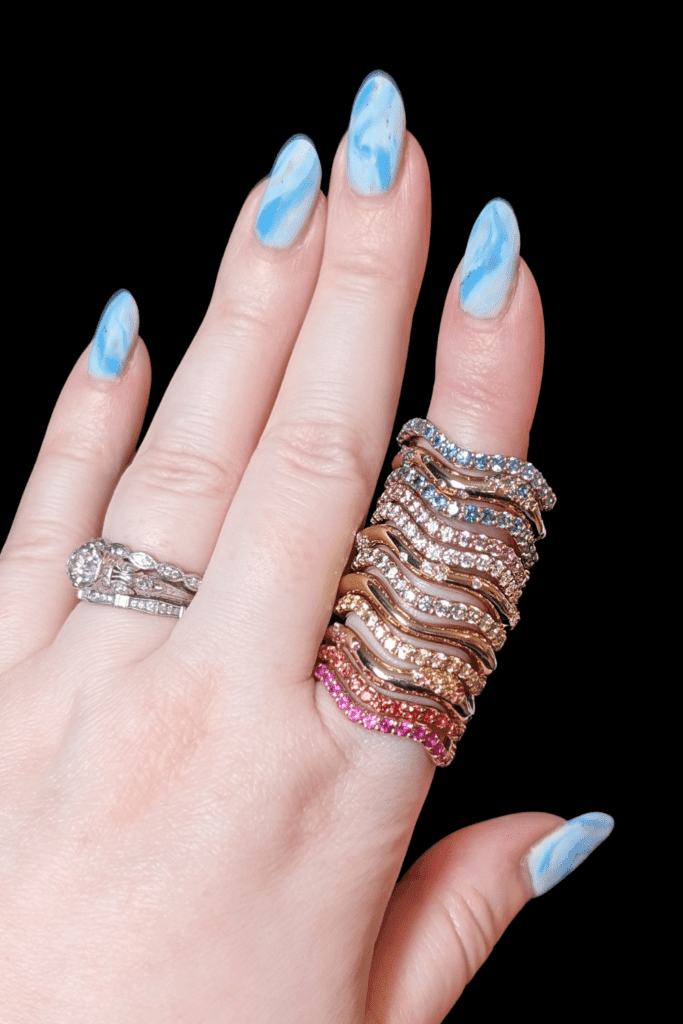 Dylann Wolfe Long Lull and Shimmering Tides colorful stacking rings in Fairmined yellow gold from Beaumont Jewelry Collective