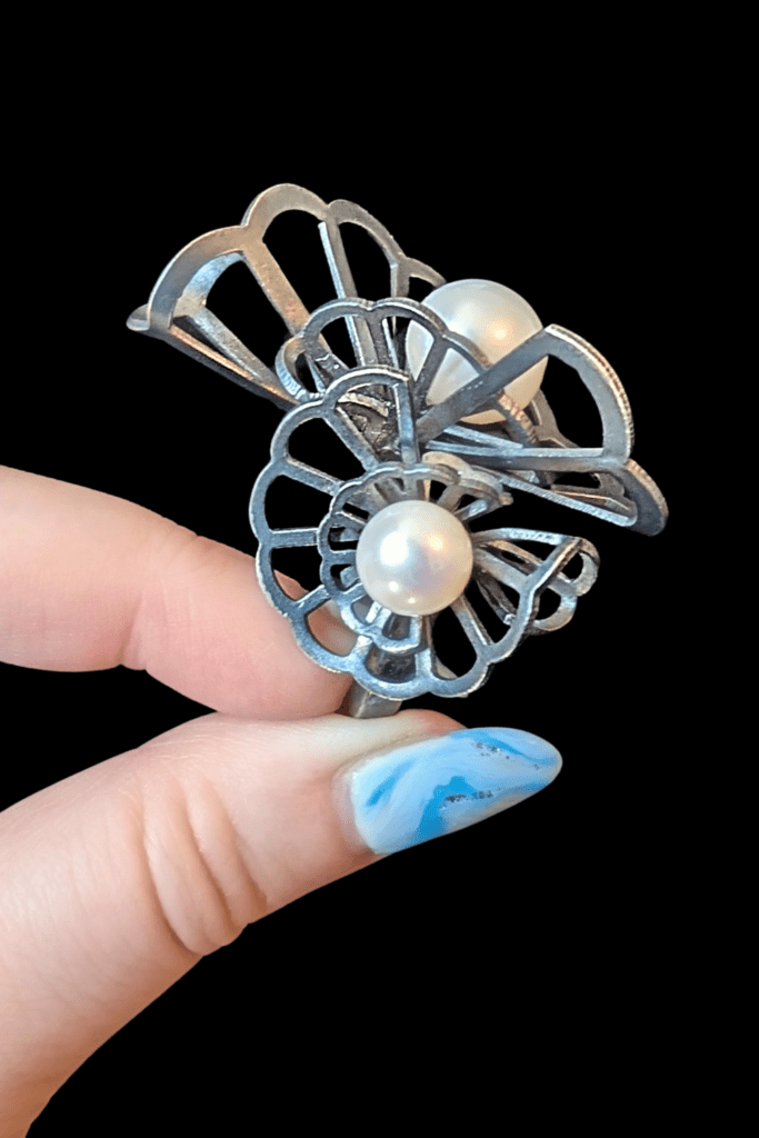 Karin Jacobson Double Origami Sculptural Pearl Ring from Beaumont Jewelry Collective, side view.