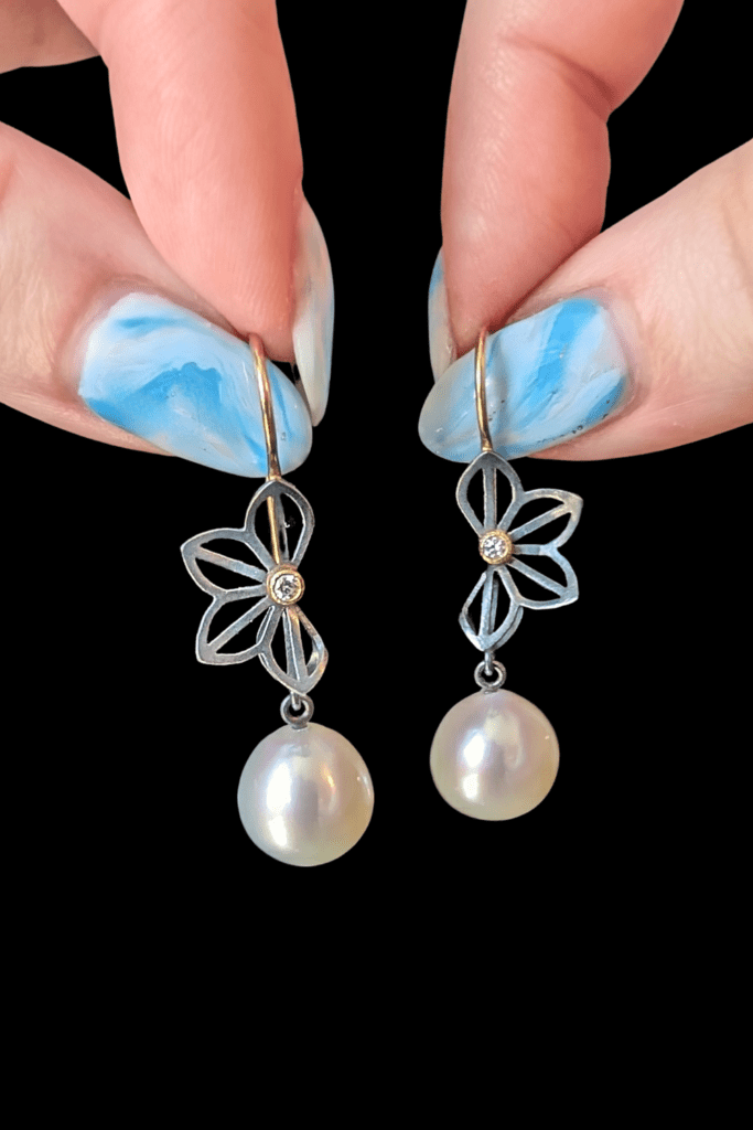 Karin Jacobson Pearl Anise Flower earrings from Beaumont Jewelry Collective.
