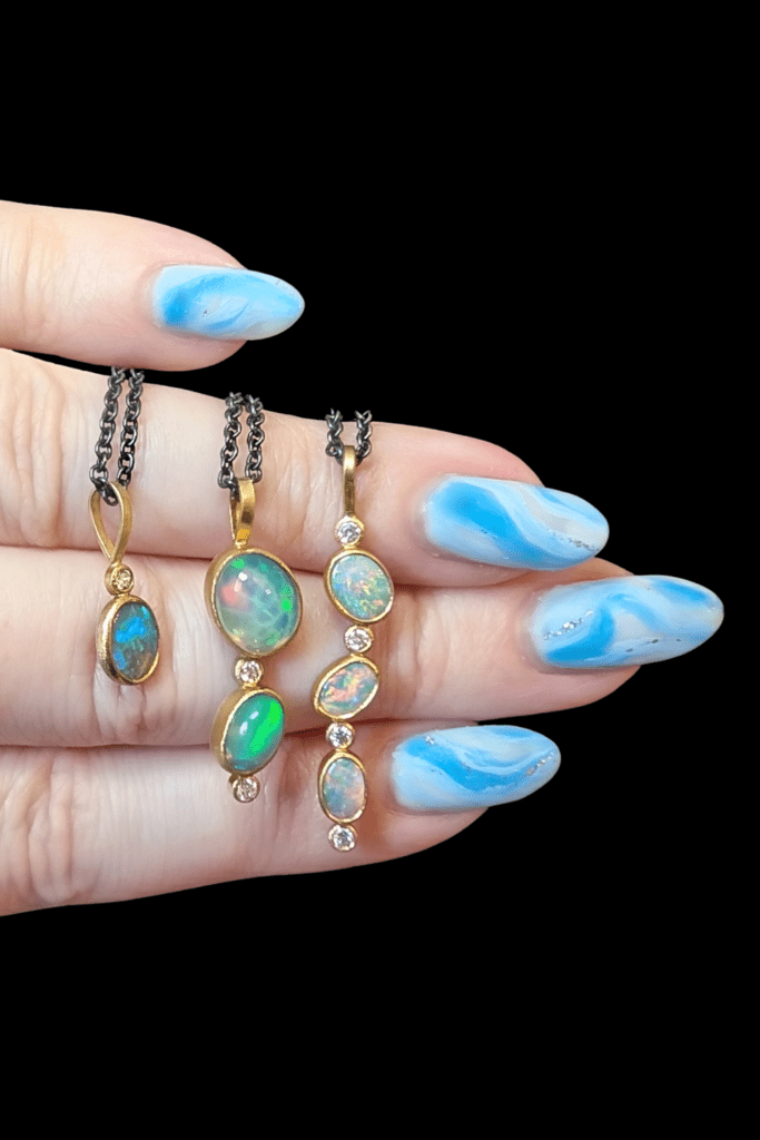 Karin Jacobson opal necklaces with recycled diamonds from Beaumont Jewelry Collective.