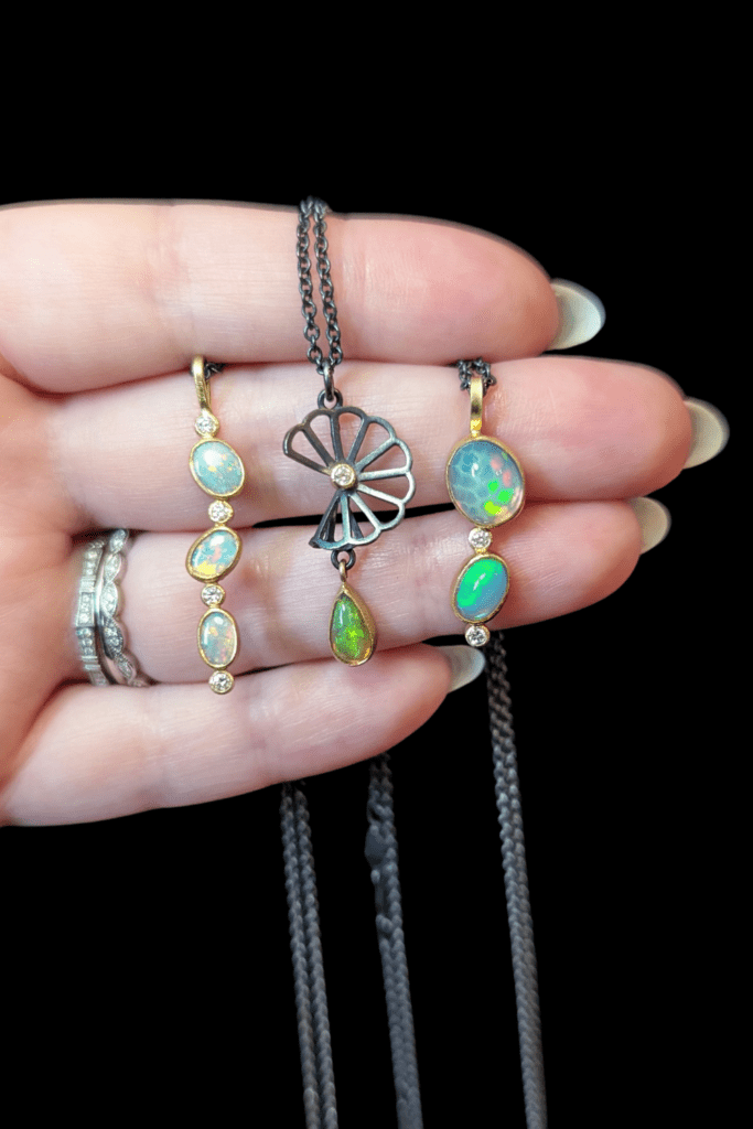 Karin Jacobson pearl drop necklace and opal necklaces from Beaumont Jewelry Collective.