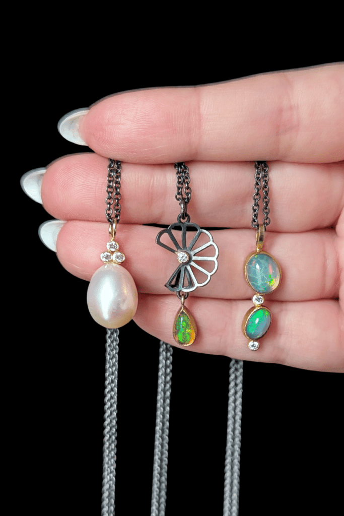 Karin Jacobson pearl necklace and opal necklaces from Beaumont Jewelry Collective.