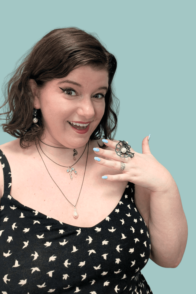 Wearing pearl and opal jewelry by Karin Jacobson, from Beaumont Jewelry Collective.