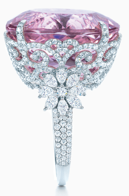 Tiffany and Co kunzite and diamond ring. Via Diamonds in the Library.