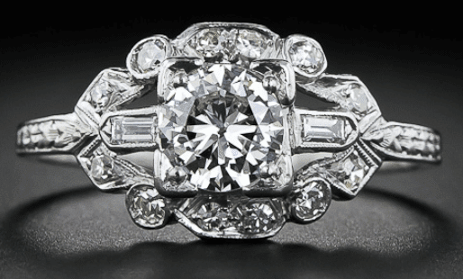 Art Deco platinum and diamond engagement ring, circa 1920. Via Diamonds in the Library.
