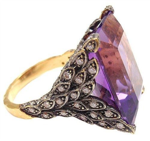 Cathy Waterman gold, diamond and amethyst winged ring. Via Diamonds in the Library.