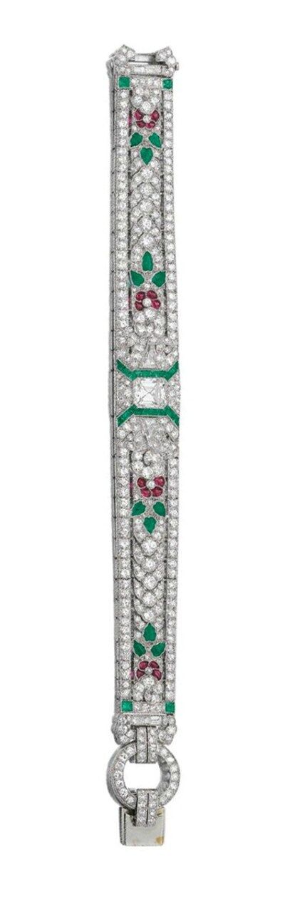Art Deco emerald, ruby and diamond bracelet, Oscar Heyman and Bros. Circa 1935. Via Diamonds in the Library.