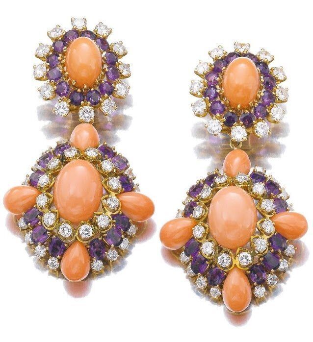 Coral, amethyst and diamond earrings, Van Cleef and Arpels.