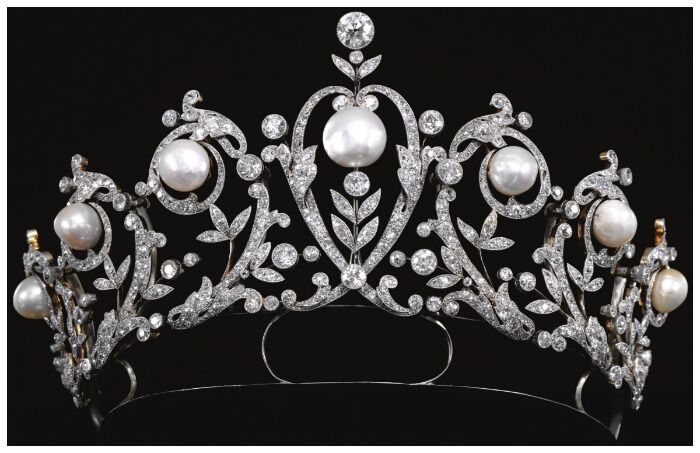 An antique diamond and pearl tiara, circa 1900.