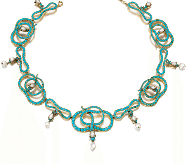 A 19th century turquoise, ruby, and pearl snake necklace. Victorian era. Via Diamonds in the Library.