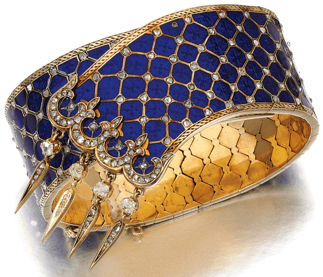 Victorian gold, enamel, and diamond bracelet with guilloché enamel and highlighted with circular-cut and rose diamonds. Via Diamonds in the Library.