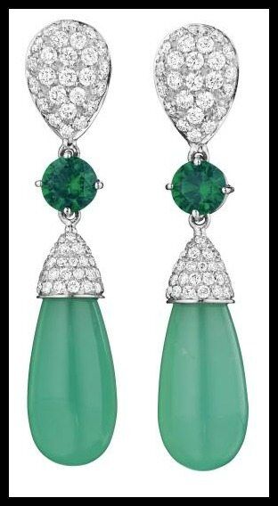 Margherita Burgener earrings with a pavé-set diamond surmount, a circular-cut chrome diopside link, and a chrysoprase drop with a pavé-set diamond cap. Via Diamonds in the Library.