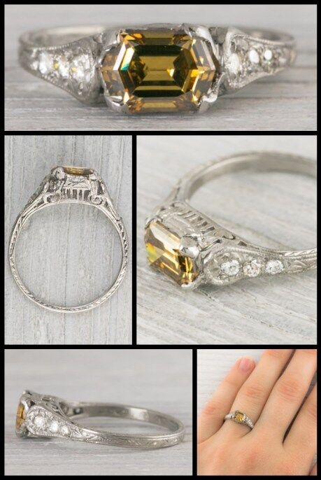 Antique Art Deco engagement ring with a 1.02 hexagonal step cut fancy brown yellow diamond in an East-West setting. The platinum setting is embellished with single cut diamonds and hand engraving. Circa 1930. Via Diamonds in the Library.