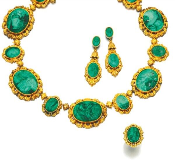 Antique gold and malachite cameo parure, circa 1830 and later. Via Diamonds in the Library.