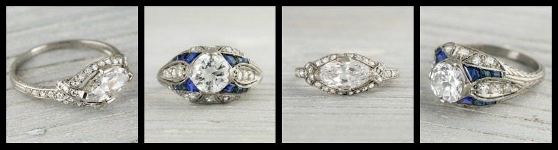 Two antique Art Deco engagement rings. Tiffany's on the left, with sapphires on the right.