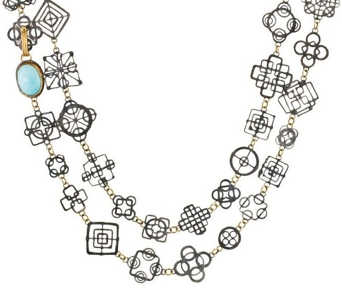 Judy Geib necklace in detail - the very delicate silver Casino Royale necklace with turquoise and 18k gold.