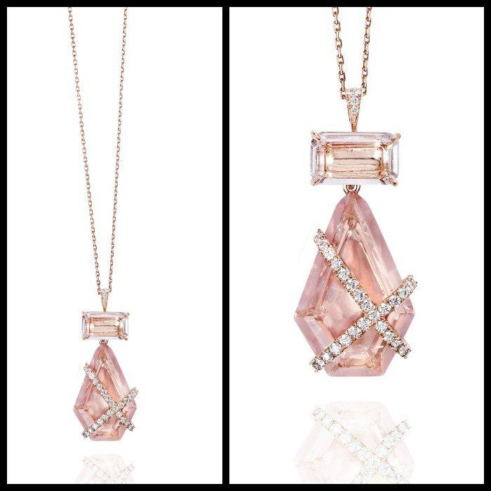 The Denise II pendant by Rachel Sarc – an 18kt rose gold pendant with rose quartz, and rock crystal quartz, and carefully positioned lines of diamond pavè.