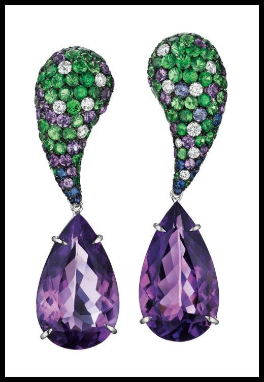 Spectacular 25.36 carat amethyst earrings with tsavorite garnets, diamonds, sapphires, and more amethysts. By Margherita Burgener.