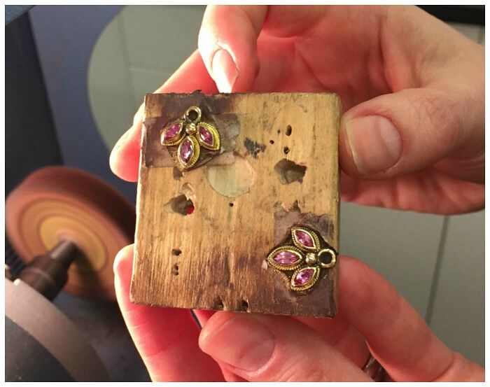 Handmade gold and gemstone jewelry in progress. By Reinstein Ross.