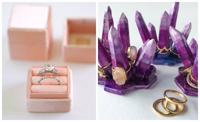 A beautiful velvet jewelry box by The Mrs Box and some fabulous ceramic crystal ring holders by Modern Mud.