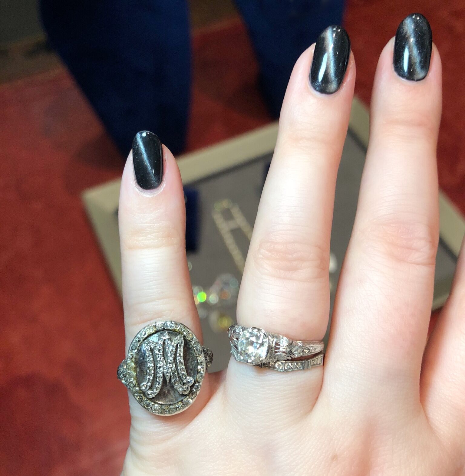 This ring was from Marie Antoinette's personal collection. It has the doomed Queen's intials in diamonds and contains a lock her hair.