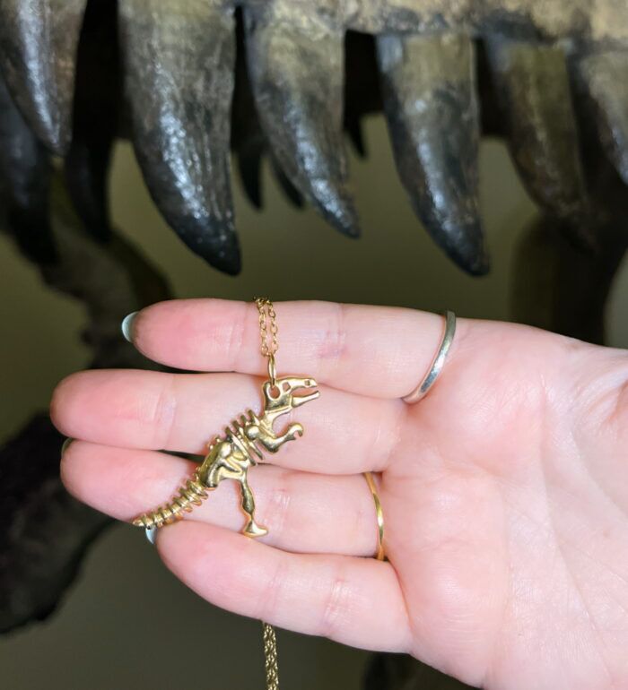 Introducing my gold T.Rex dinosaur pendant to a real T.Rex skull at the Arkenstone Fine Mineral Gallery.