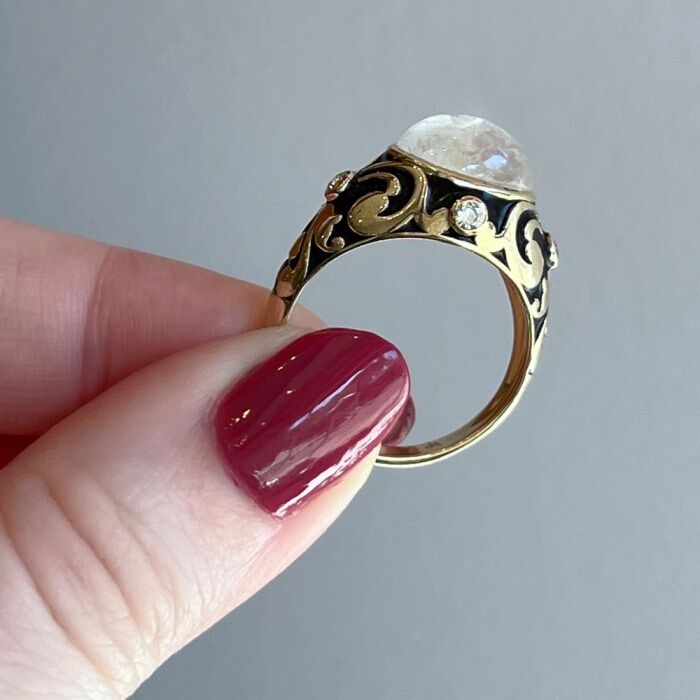 The Francesca moonstone ring by Loriann Jewelry. With diamonds and black enamel. Inspired by Renaissance jewelry!