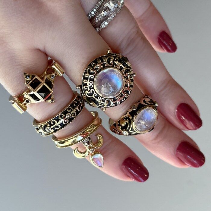 These enamel, diamond, spinel and moonstone rings are from Loriann Jewelry's latest collection, which is inspired by Renaissance jewelry