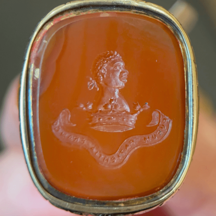 A 19th century fob with carved carnelian seal encouraging the abolition of slavery in France. Antique abolitionist jewelry from The Spare Room Antiques.