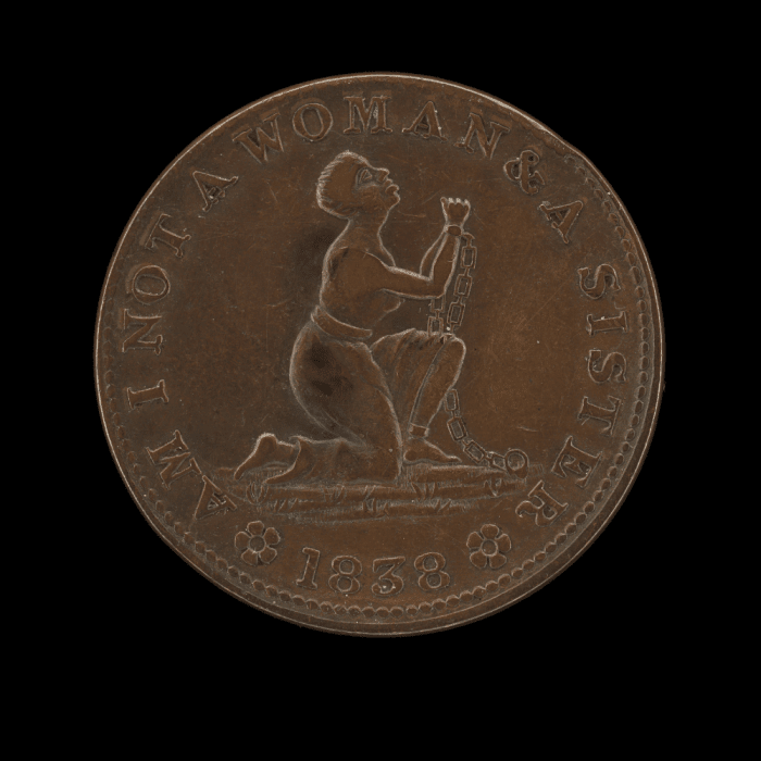 This copper abolitionist token was created by Gibbs, Gardner and Company for the American Anti-Slavery society in 1838.