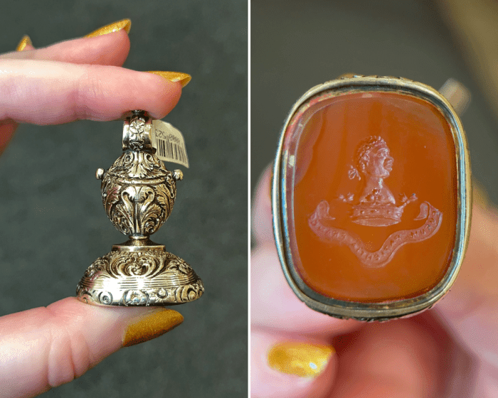 Antique seal fob with carved carnelian seal encouraging the abolition of slavery in France. Antique abolitionist jewelry from The Spare Room Antiques.