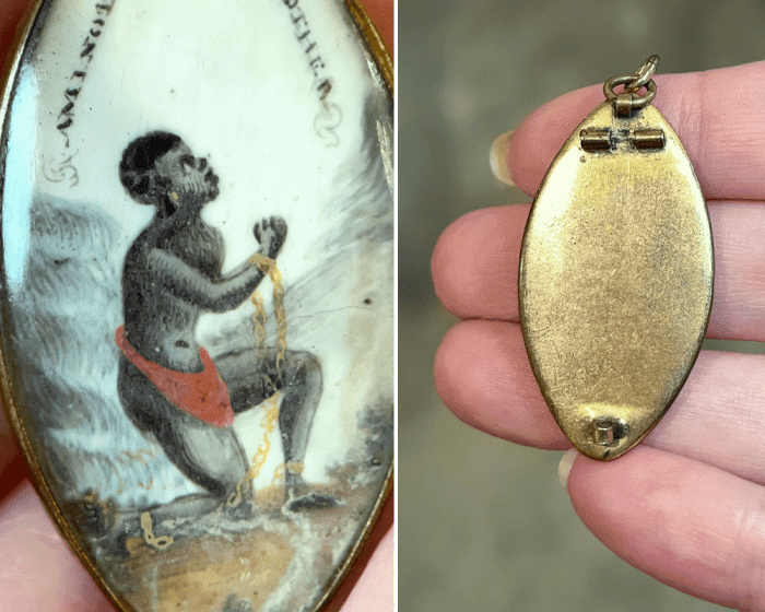 Detail and back view of abolitionist jewelry with miniature inspired by Wedgewood anti-slavery medallion. From Sandy Jacobs Antiques.