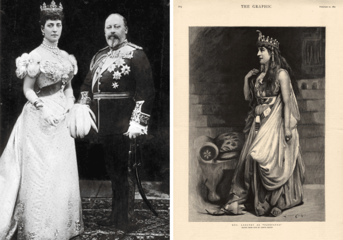 Left, King Edward VII & Queen Alexandra. Right, Lillie Langtry wearing the necklace while playing Cleopatra on stage in 1881
