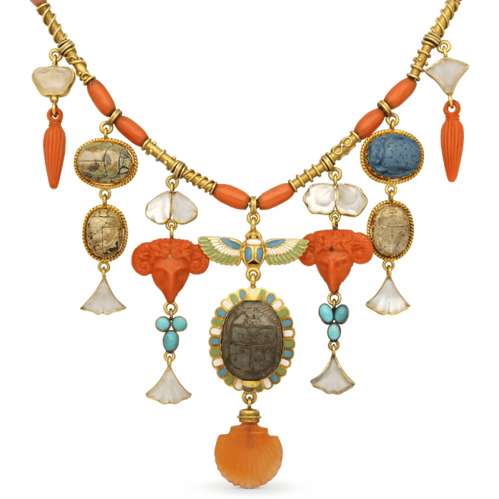 Close up view of the antique Egyptian Revival necklace Meryl Streep wore in The Devil Wears Prada.