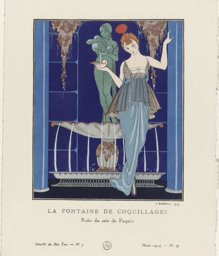 George Barbier, “The Fountain of Shells. Paquin Evening Gown,” Gazette du bon ton, no. 3, plate 27, 1914.