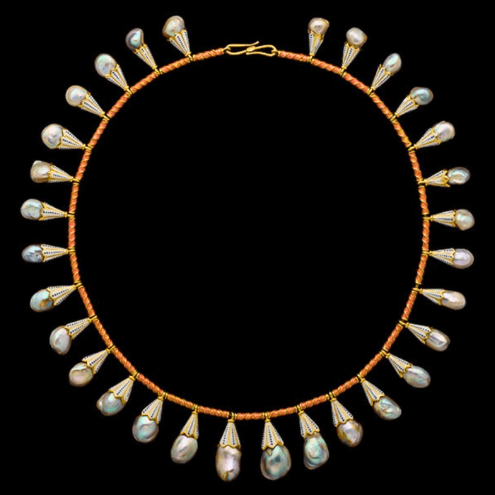 Carlo and Arturo Giuliano, necklace, c. 1890, natural pearls, enamel, gold. Paris, City of Pearls exhibit, courtesy of Albion Art Institute.