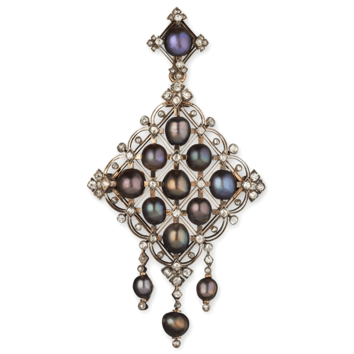 Germain Bapst and Lucien Falize pendant, c. 1880, grey natural pearls, diamonds, gold. London, Wartski.