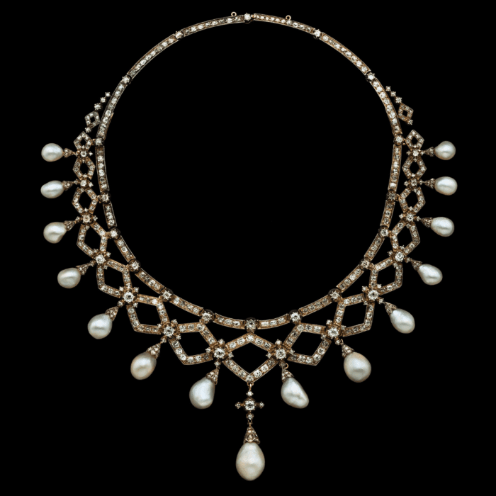 Necklace, 1890, natural pearls, diamonds, gold, silver. Paris, City of Pearls exhibition.