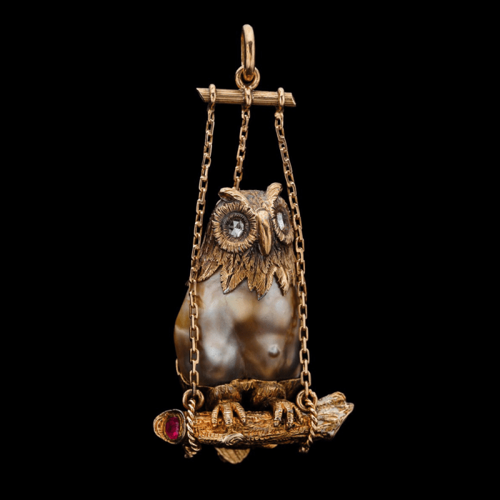 Owl pendant, c. 1880, baroque pearl, diamonds, rubies, gold. Private Collection, courtesy of Albion Art Institute.