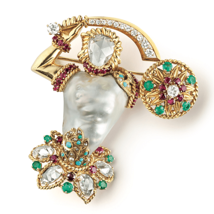 Van Cleef & Arpels, Gladiator brooch, 1956, yellow gold, emeralds, rubies, turquoise, pearls, baroque pearl, diamonds.