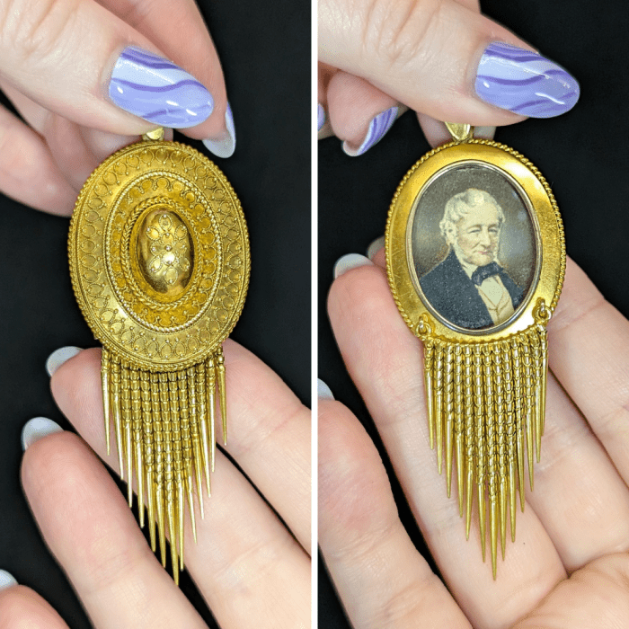 A beautiful antique Etruscan Revival pendant with a portrait miniature of a gentleman. Seen at Erica Weiner during NYCJAOS Spring 2025.