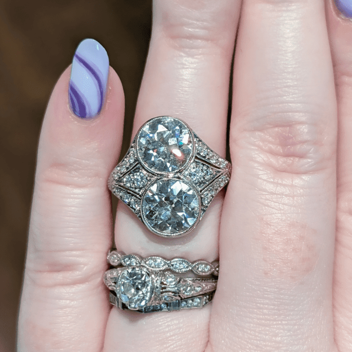 A glorious antique two stone diamond ring from Jewels by Grace, seen at NYCJAOS Spring 2025.