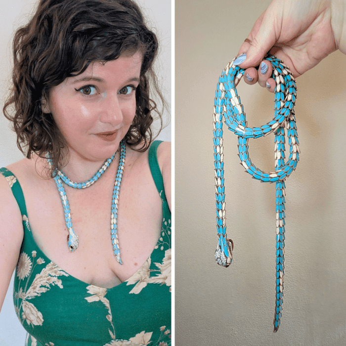 A glorious vintage enamel snake necklace from Halle's Jewels, seen at NYCJAOS Spring 2025.