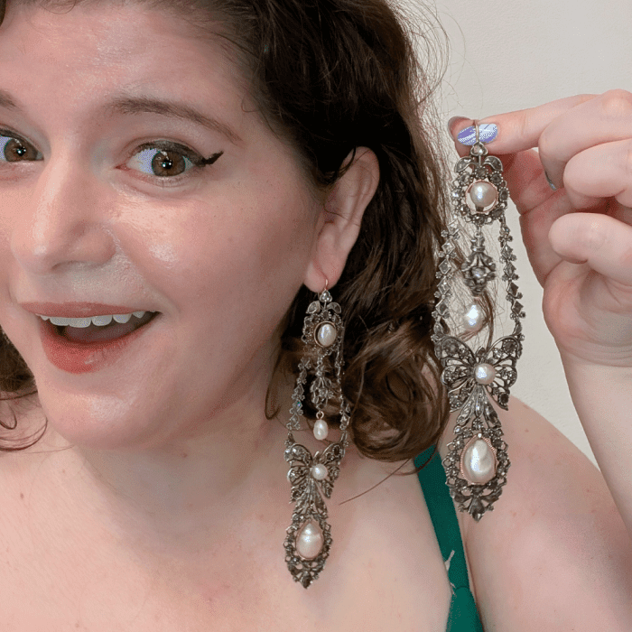 A large and glorious pair of antique pearl and diamond earrings from Ishy Antiques, seen during NYCJAos Spring 2025!