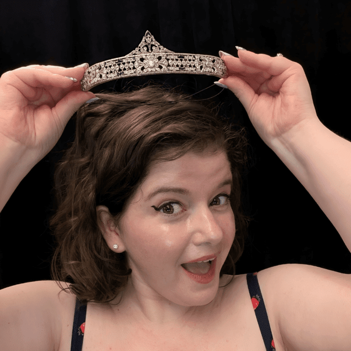 A stunning antique diamond and sapphire tiara from Courtville Antiques, seen at NYCJAOS Spring 2025!